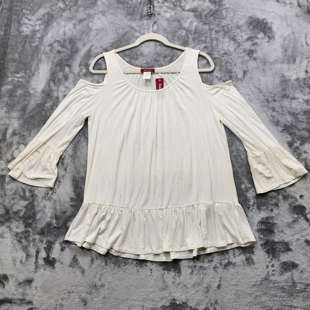 NEW Panhandle Top Womens L White Cold‎ Shoulder 3/4 Bell Sleeve Ruffle Hem Rayon
